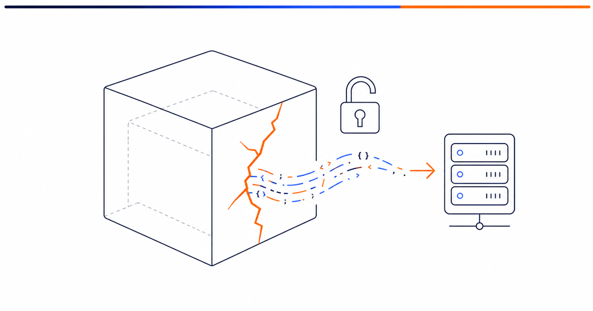Illustration of an AI test environment shown as an isometric cube, with a crack through which a line of code escapes toward an external server.