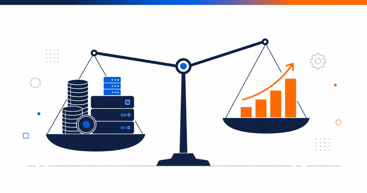 Scale comparing AI costs and measured value, flat design illustration