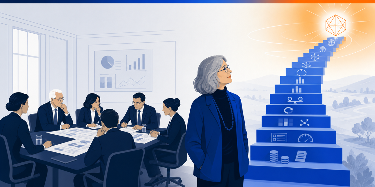 Donella Meadows observes the hierarchy of system leverage points, behind a negotiation room focused on parameters