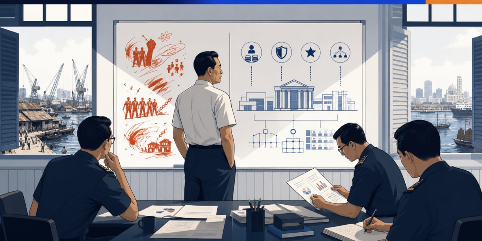 Lee Kuan Yew facing his structural challenges, surrounded by his governance team
