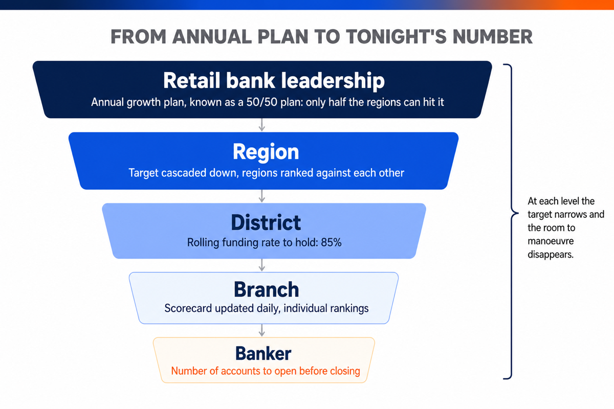 Five-level funnel showing how an annual growth plan becomes a number of accounts to open before a branch closes