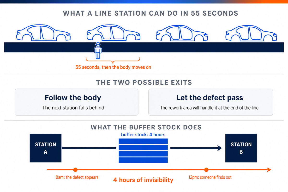 Diagram explaining the cycle time of a line station, the two possible reactions to a defect, and the hours of invisibility created by a buffer stock