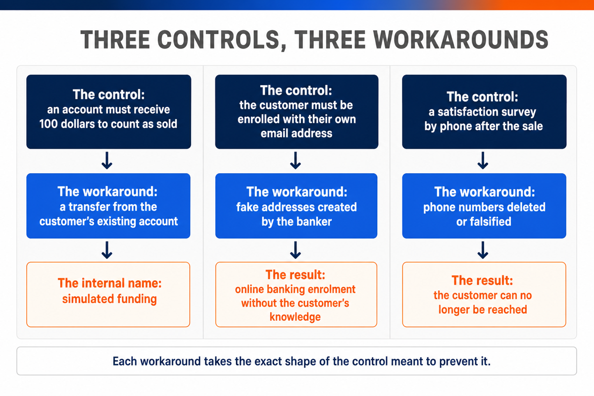 Three-column diagram linking each internal control to the precise workaround it produced in the branches