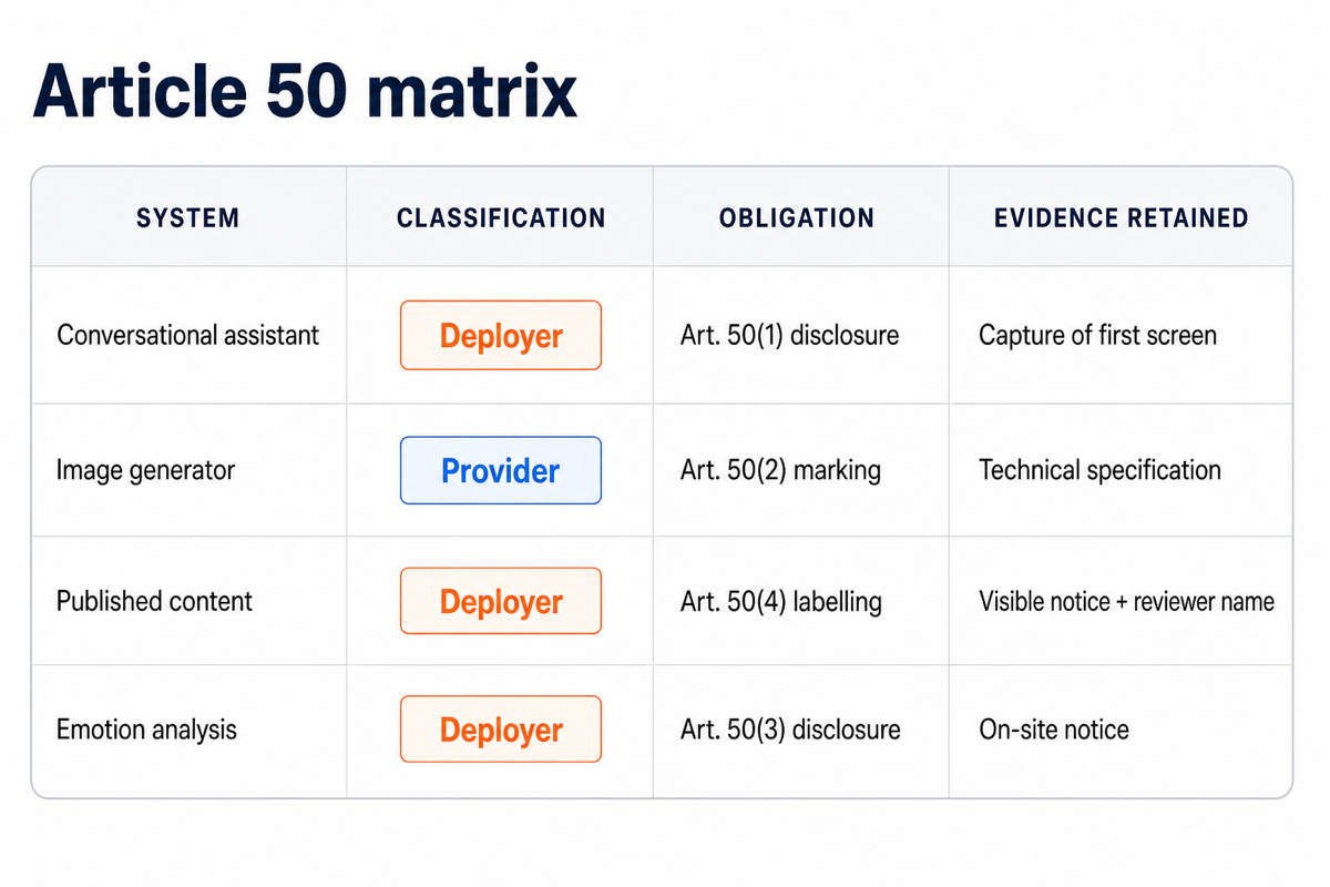 Four-column table linking each system to its classification, its obligation and the evidence retained.