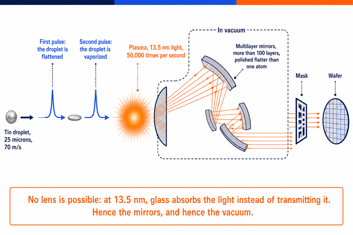 Diagram of the EUV light path, from the tin droplet vaporized by two laser pulses to the wafer, via multilayer mirrors in a vacuum