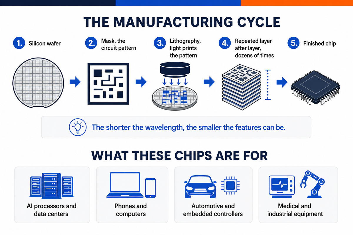 Diagram of the five-step chip manufacturing cycle, from silicon wafer to finished chip, followed by four end uses