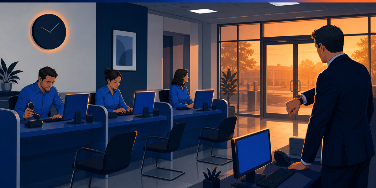 A bank branch at the end of the day, bankers still at their desks and a manager waiting in front of a screen