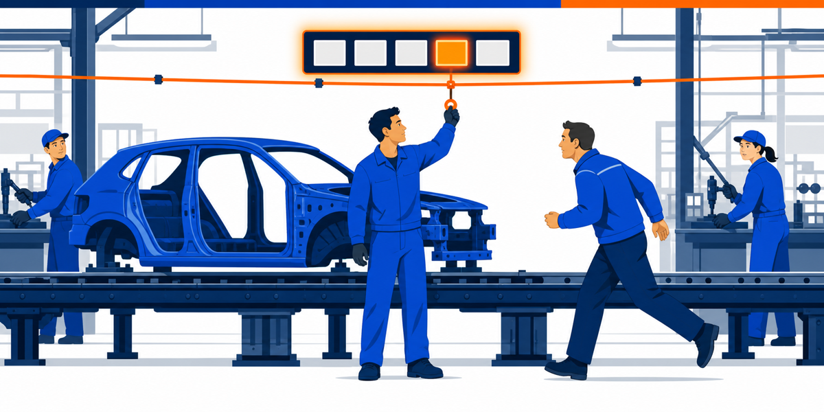 A worker pulls the alert cord above an assembly line while a team leader hurries towards him