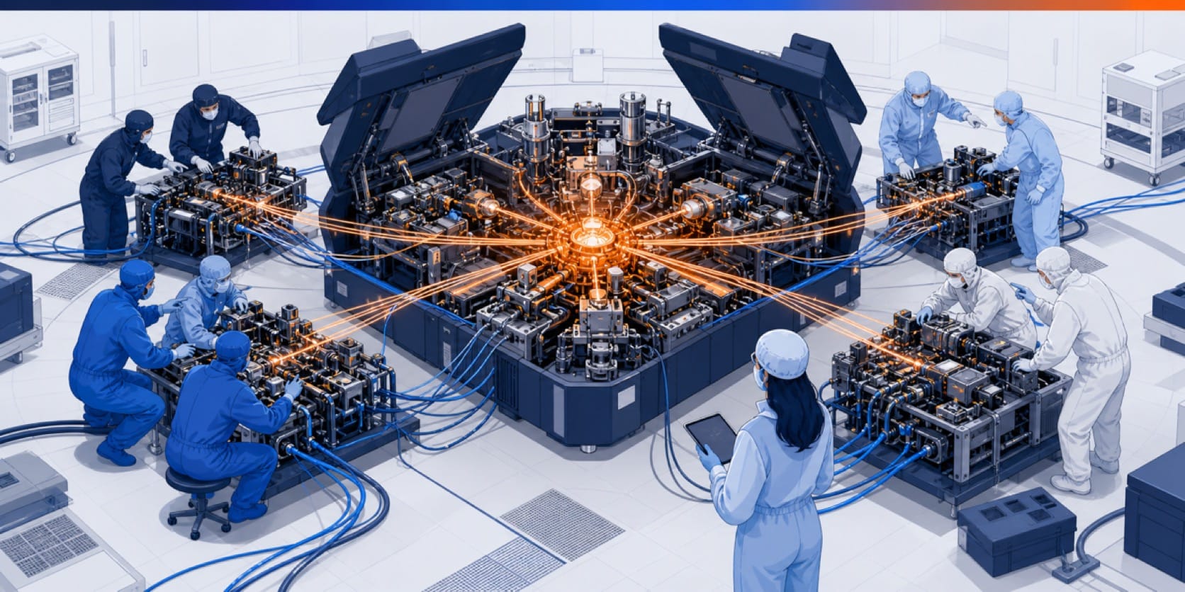 Four engineering teams from different companies assemble a single lithography machine, linked by beams converging on its core