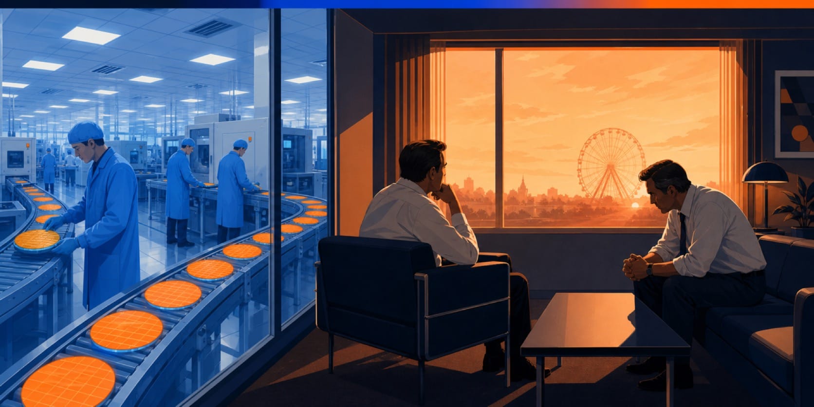 Two executives deliberate in an office while, behind a glass partition, the factory floor has already redirected its output