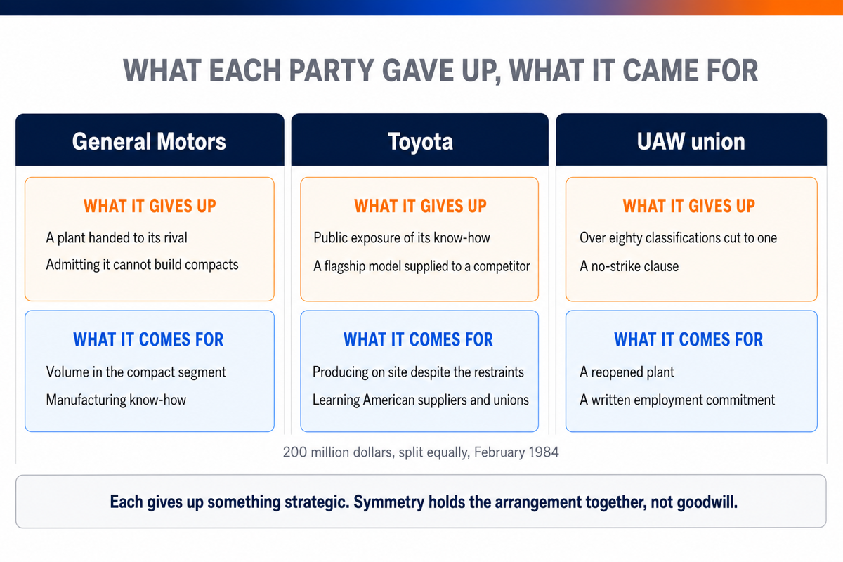 Three-column table comparing what General Motors, Toyota and the UAW union conceded and obtained in the joint venture