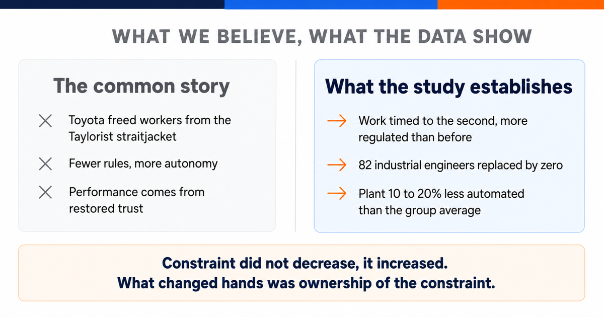 Two-column comparison between the common story of a liberated plant and the data describing a more heavily regulated organisation