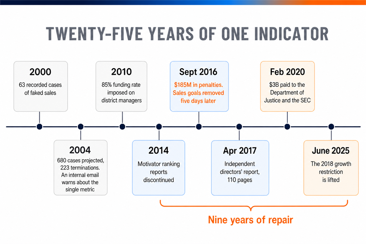 Timeline from 2000 to 2025 tracing the rise of faked sales, the 2016 fine and the nine years of regulatory repair