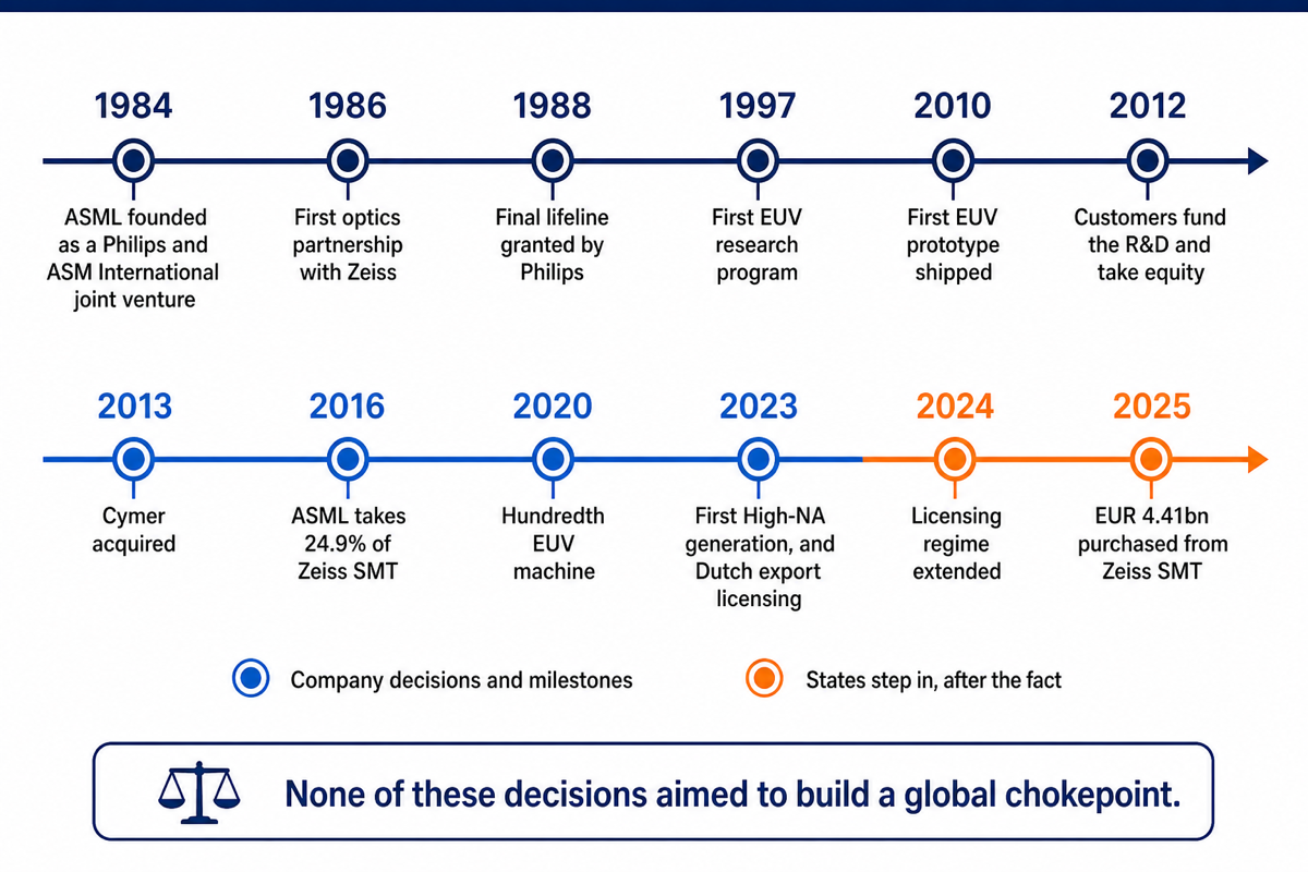 Timeline from 1984 to 2025 tracing the successive decisions that built ASML's position, with state intervention appearing only from 2023