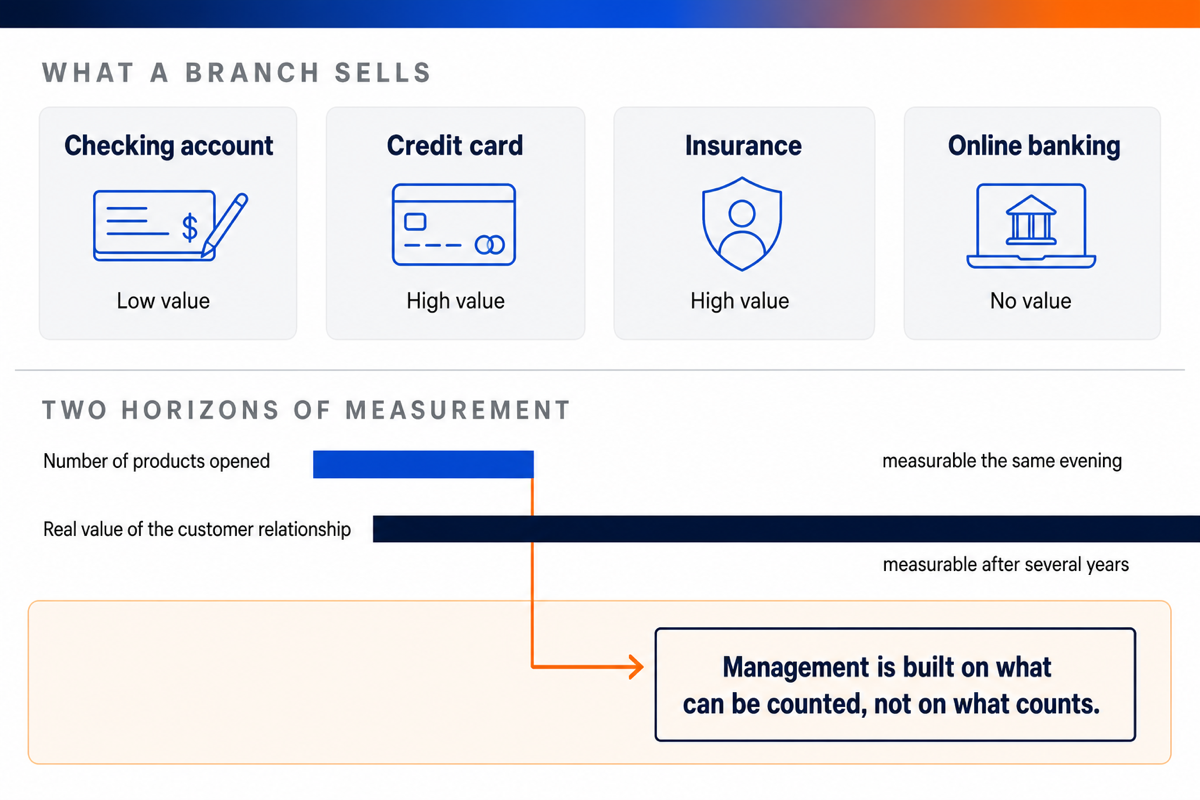 Diagram comparing the products a bank branch sells and the two horizons of measurement, immediate counting and long-term value