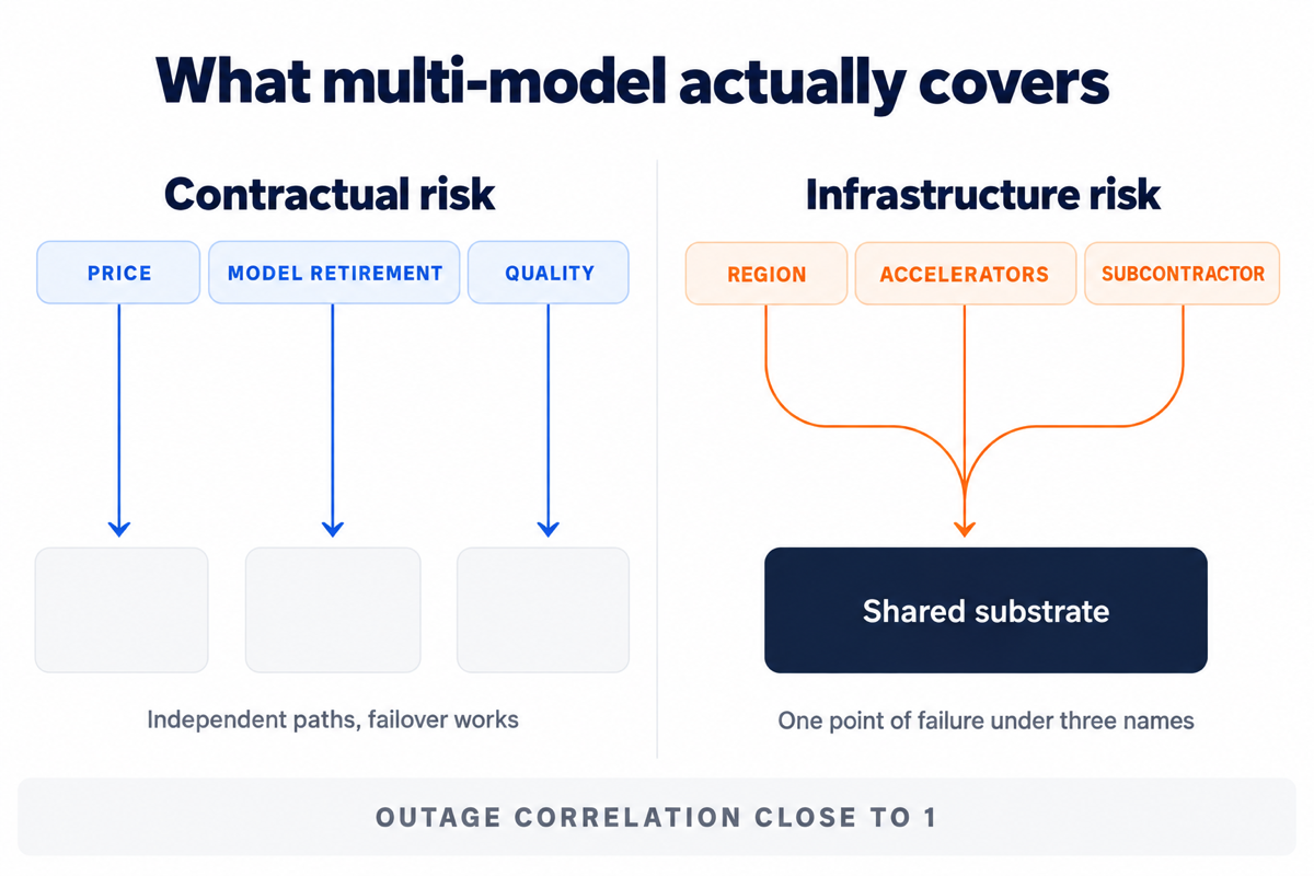 Diagram contrasting three independent fallback paths with three paths converging on a shared substrate.